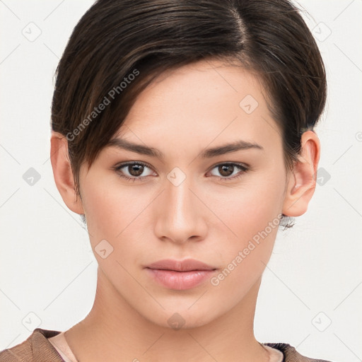 Neutral white young-adult female with short  brown hair and brown eyes