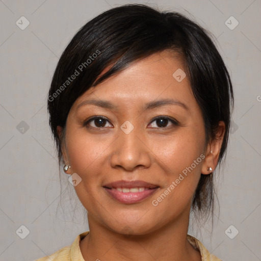 Joyful white young-adult female with medium  brown hair and brown eyes