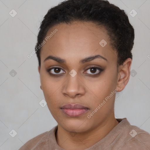 Neutral black young-adult female with short  black hair and brown eyes