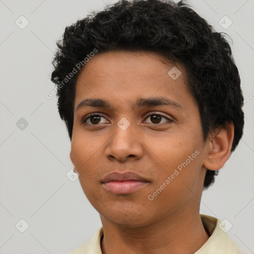 Neutral latino young-adult female with short  black hair and brown eyes
