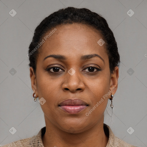 Joyful black young-adult female with short  black hair and brown eyes