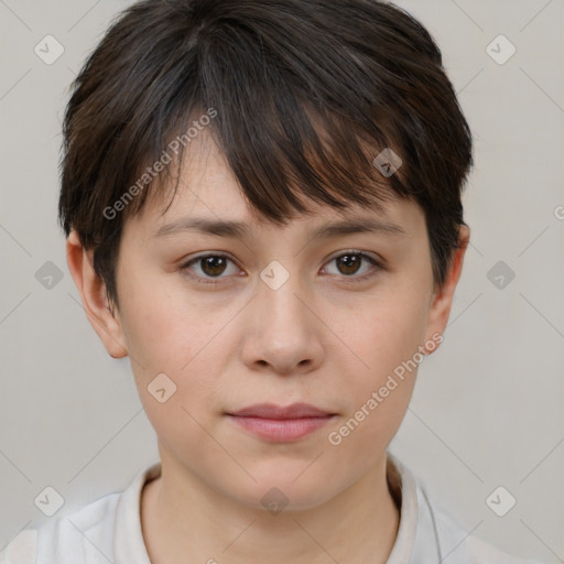 Neutral white young-adult female with short  brown hair and brown eyes