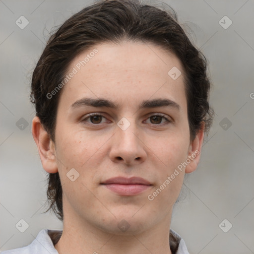 Joyful white young-adult male with medium  brown hair and brown eyes