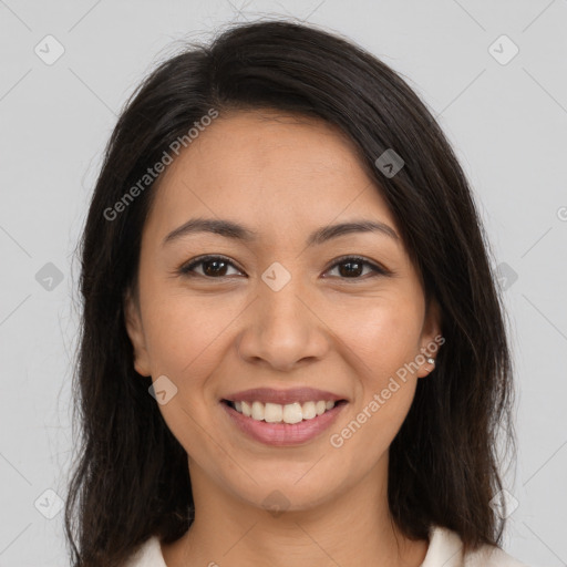 Joyful white young-adult female with long  brown hair and brown eyes