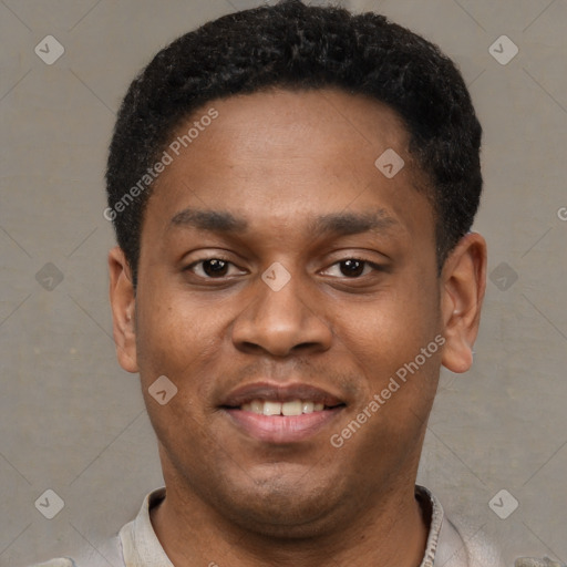 Joyful latino young-adult male with short  brown hair and brown eyes