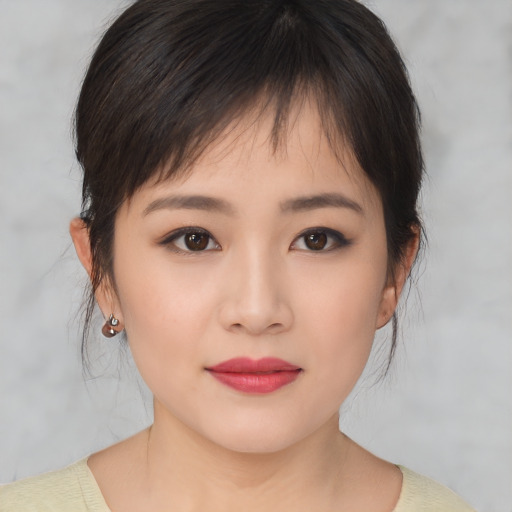 Neutral asian young-adult female with medium  brown hair and brown eyes