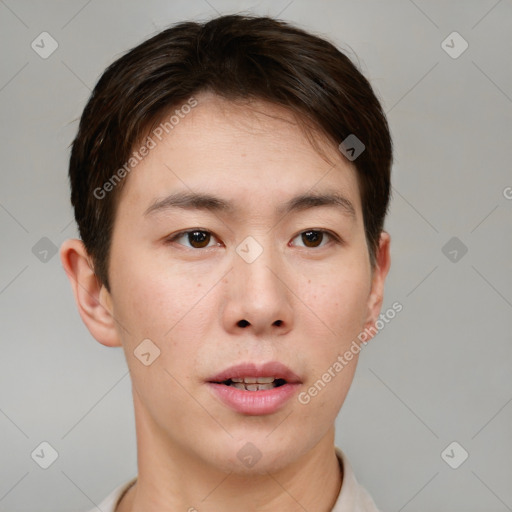 Neutral asian young-adult male with short  brown hair and brown eyes