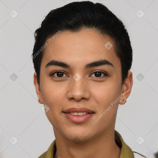 Joyful latino young-adult male with short  black hair and brown eyes