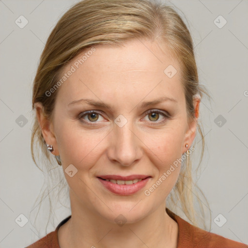 Joyful white young-adult female with medium  brown hair and blue eyes