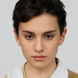 Neutral white young-adult female with short  brown hair and brown eyes