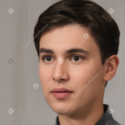 Neutral white young-adult male with short  brown hair and brown eyes