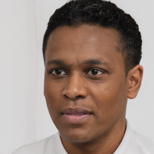 Joyful black young-adult male with short  black hair and brown eyes