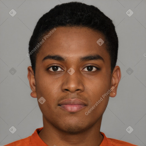 Neutral black young-adult male with short  black hair and brown eyes