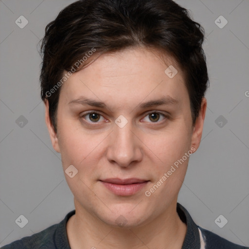 Joyful white young-adult female with short  brown hair and brown eyes