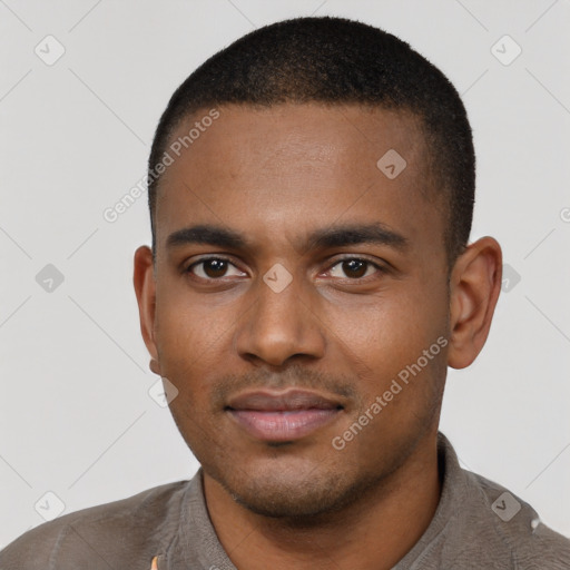 Neutral black young-adult male with short  black hair and brown eyes