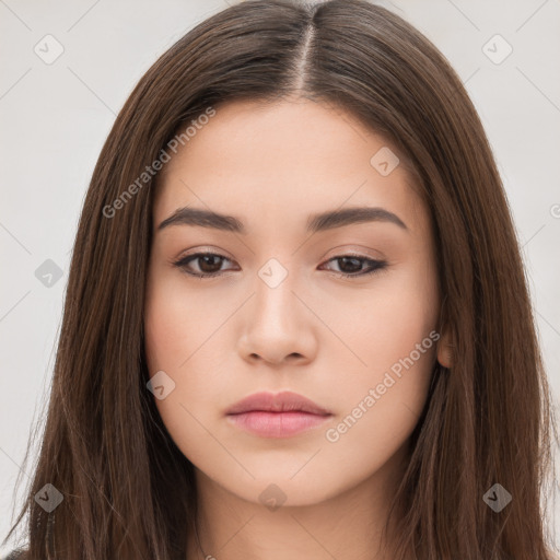 Neutral white young-adult female with long  brown hair and brown eyes