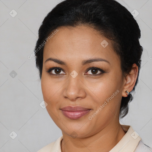 Joyful latino young-adult female with medium  brown hair and brown eyes