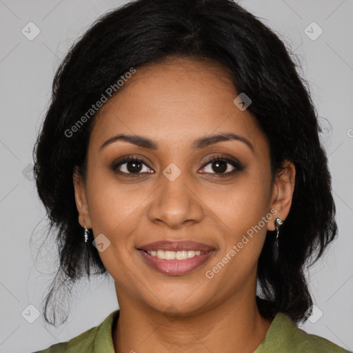 Joyful black young-adult female with medium  brown hair and brown eyes