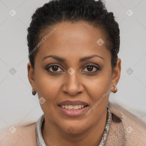 Joyful black young-adult female with short  brown hair and brown eyes