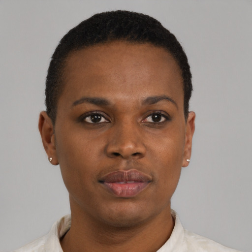 Neutral black young-adult female with short  brown hair and brown eyes