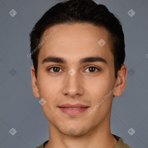 Joyful white young-adult male with short  brown hair and brown eyes