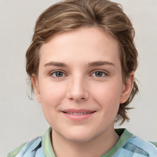 Joyful white young-adult female with medium  brown hair and blue eyes