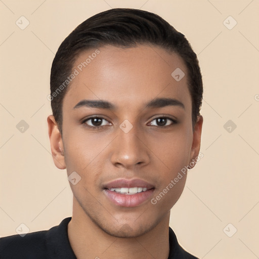 Joyful white young-adult male with short  black hair and brown eyes