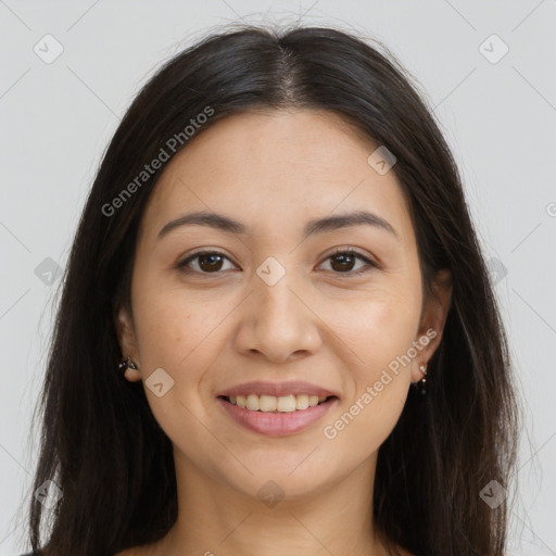 Joyful white young-adult female with long  brown hair and brown eyes