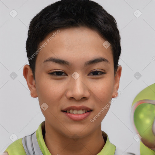 Joyful asian young-adult female with short  brown hair and brown eyes