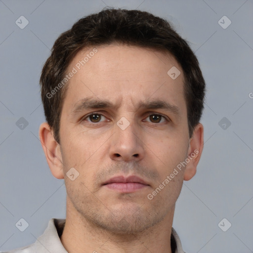 Neutral white adult male with short  brown hair and brown eyes