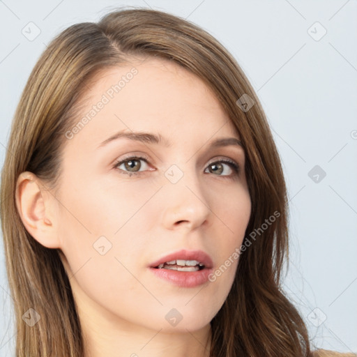 Neutral white young-adult female with long  brown hair and brown eyes