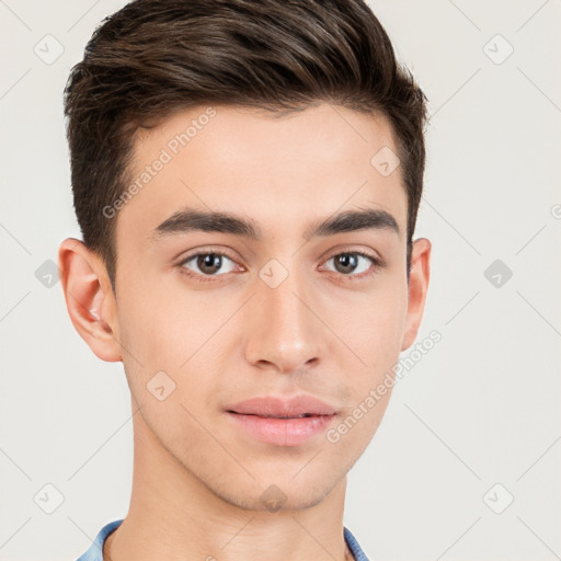 Neutral white young-adult male with short  brown hair and brown eyes