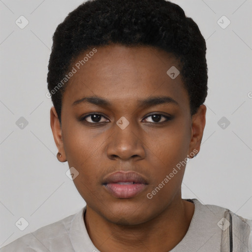 Neutral black young-adult female with short  black hair and brown eyes