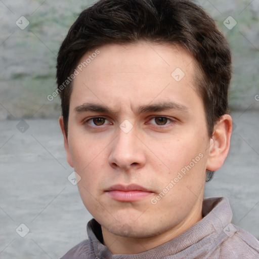 Neutral white young-adult male with short  brown hair and brown eyes