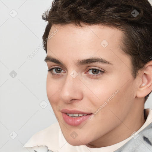 Joyful white young-adult male with medium  brown hair and brown eyes