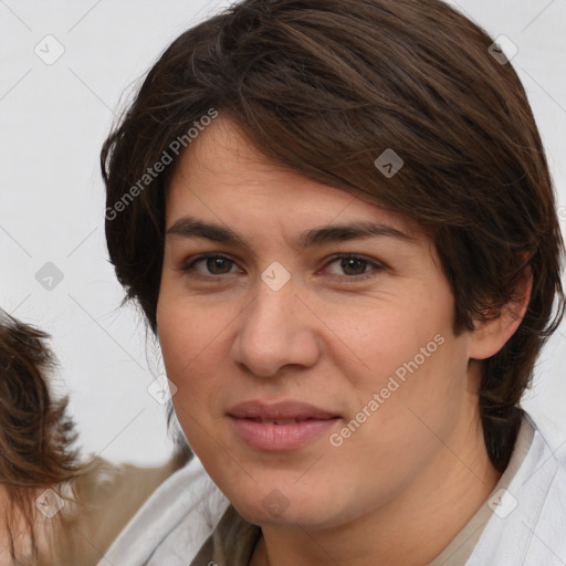 Joyful white young-adult female with medium  brown hair and brown eyes