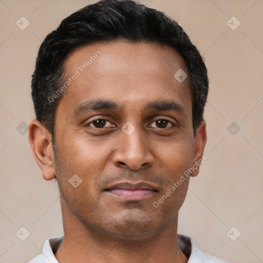 Neutral latino young-adult male with short  black hair and brown eyes