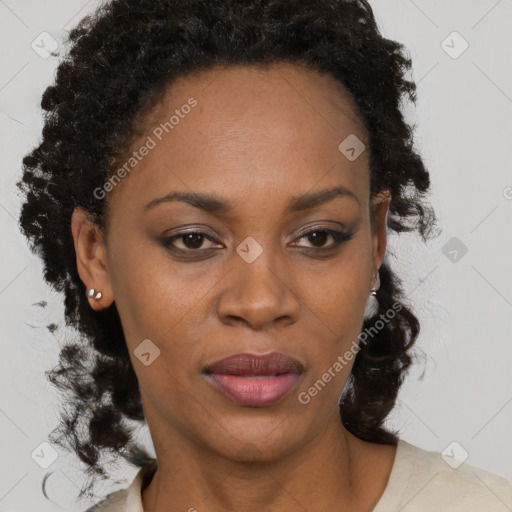 Neutral black adult female with medium  brown hair and brown eyes