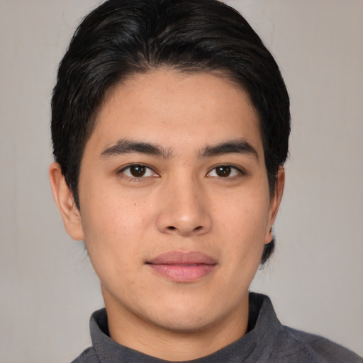 Neutral asian young-adult male with short  black hair and brown eyes