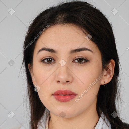 Neutral white young-adult female with medium  brown hair and brown eyes