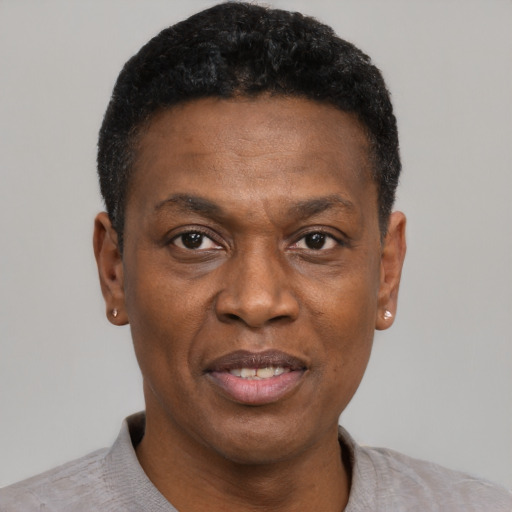 Joyful black adult male with short  black hair and brown eyes