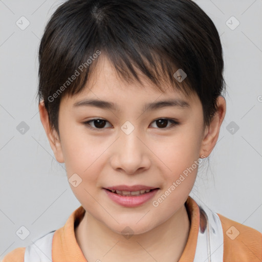 Joyful white child female with medium  brown hair and brown eyes