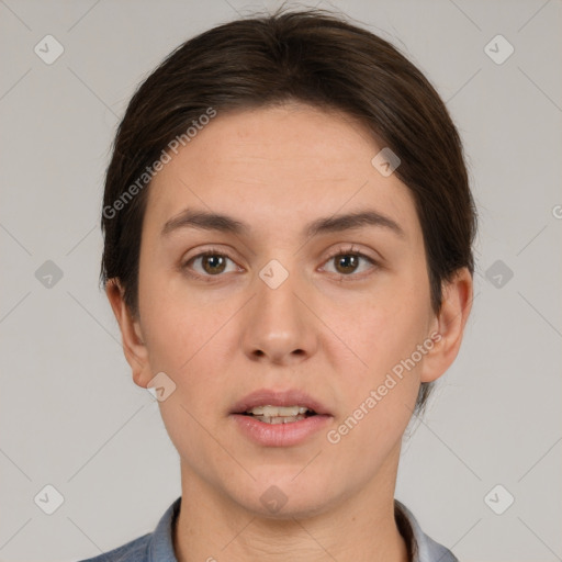 Neutral white young-adult female with short  brown hair and brown eyes