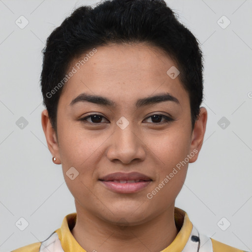 Joyful latino young-adult female with short  brown hair and brown eyes
