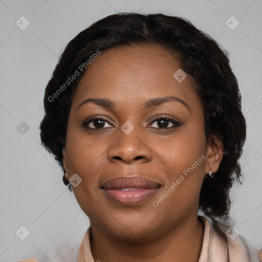 Joyful latino young-adult female with long  black hair and brown eyes