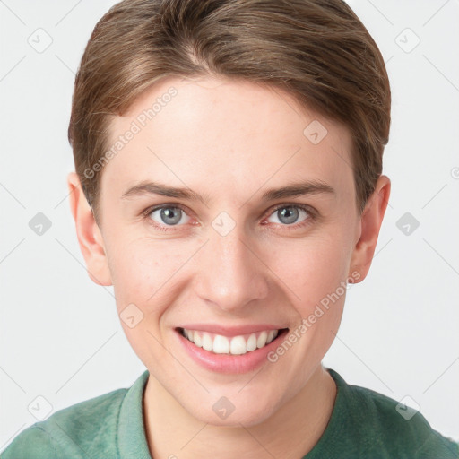 Joyful white young-adult female with short  brown hair and grey eyes