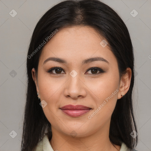 Joyful asian young-adult female with medium  brown hair and brown eyes