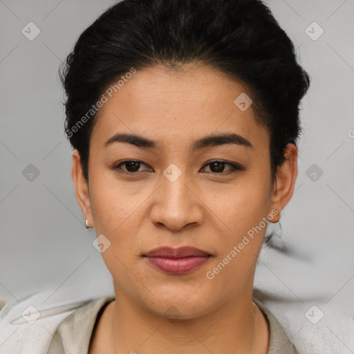 Joyful asian young-adult female with short  black hair and brown eyes