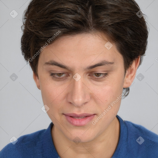 Joyful white adult female with short  brown hair and brown eyes