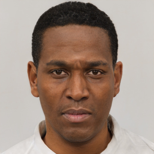 Neutral black young-adult male with short  black hair and brown eyes
